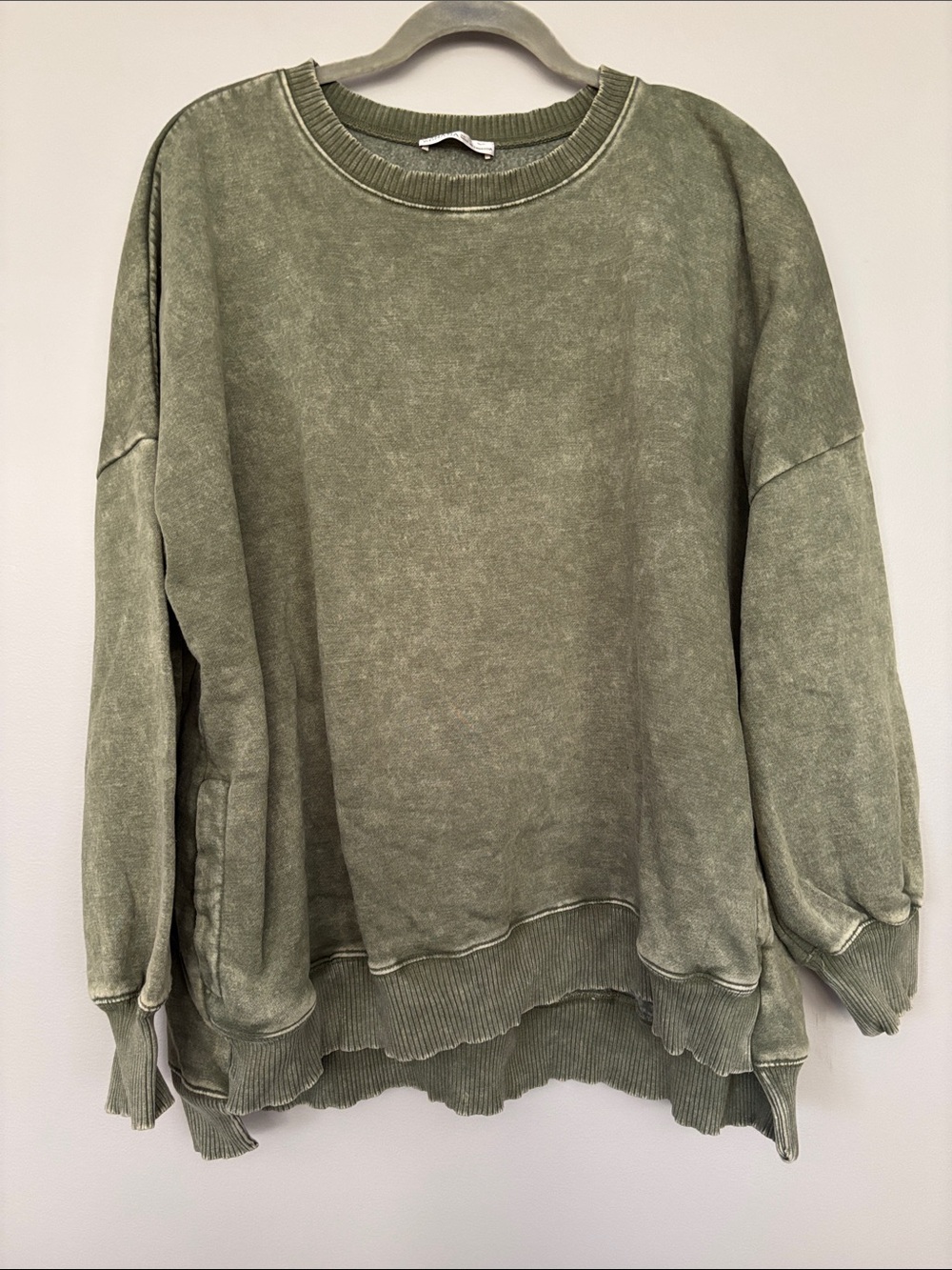 Zenana Outfitters Washed Olive Crewneck Sweatshirt with Side Pockets